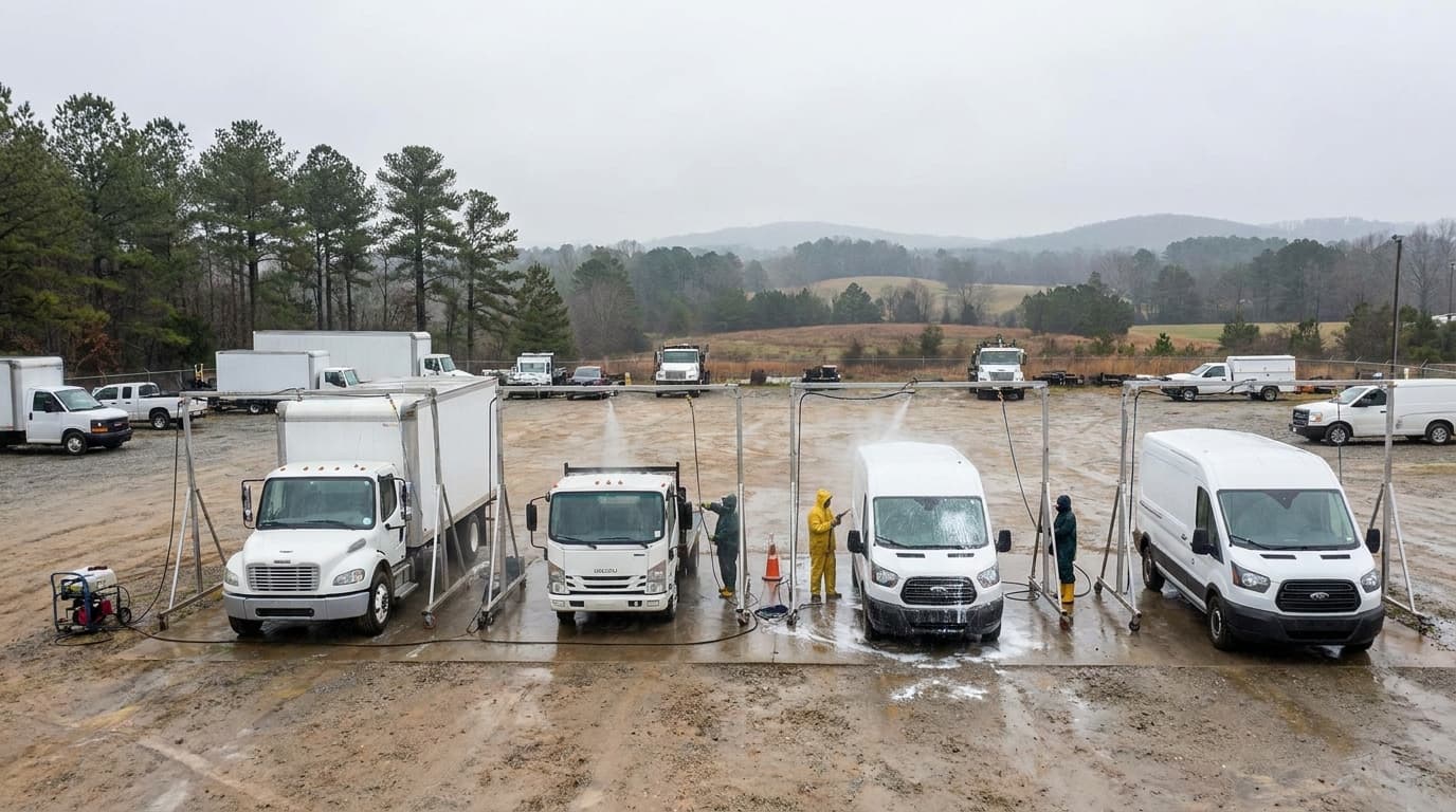 A worker in an orange safety vest pressure-washes the side of a white box truck beside a mobile wash rig with a white tank and a hose reel on a gravel lot.