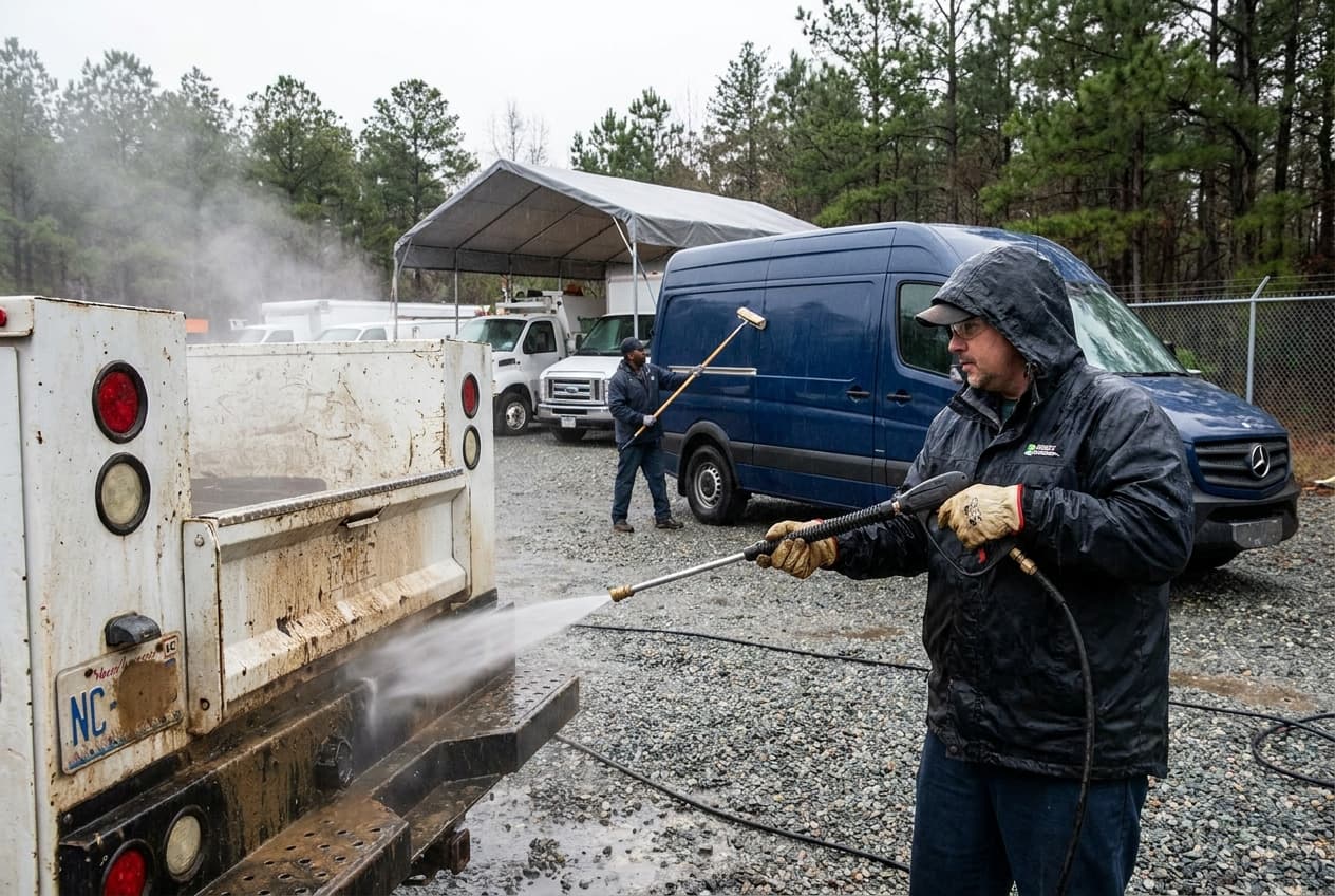 A worker in a blue shirt and an orange vest holds a pressure-washer wand against the lower rear of a dirty white box truck, with a fan of water on the panel above the rear wheels.
