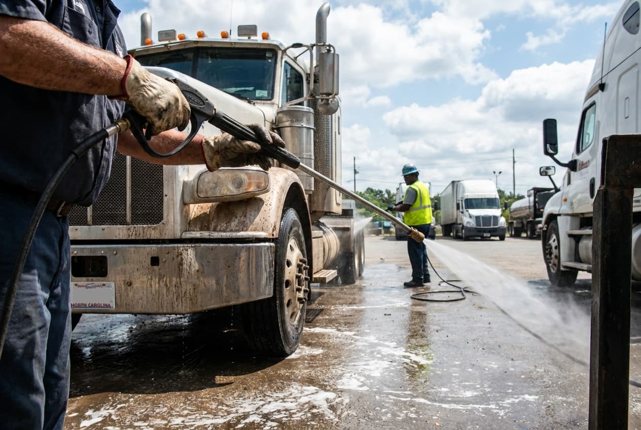 A person in a dark blue shirt and jeans stands at the rear of a white box truck in a wash bay, looking at the truck, while another person bends over the bumper and a red hose lies on the concrete.