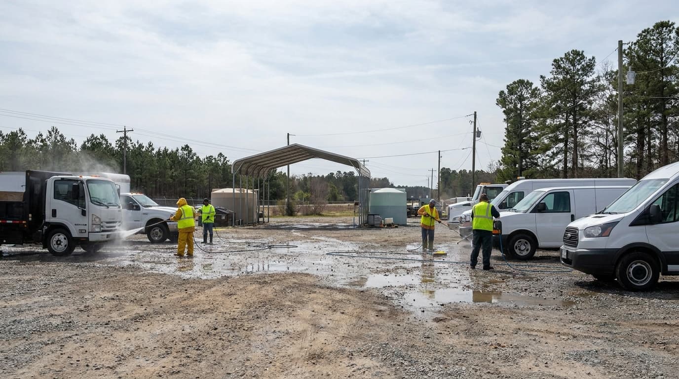 A wider view of a gravel fleet yard: a worker washes a white box truck with a wand and a red hose, a mobile wash trailer with a white tank and hose reel sits to the left, and a second white truck is parked beyond.